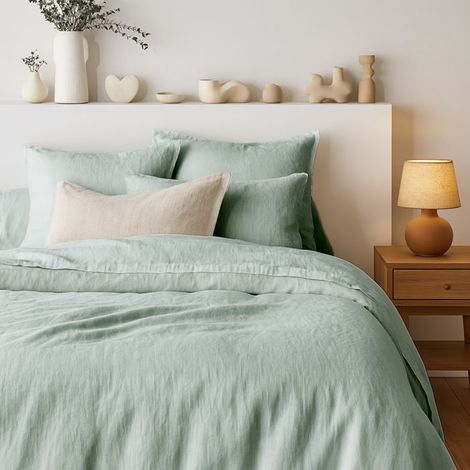Tendance Perso - Parure de couette 100% PUR LIN Couleur Vert de gris - Housse de couette 140x200 et 1 taie 63x63 carrée, Lin