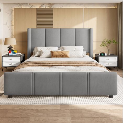 DESVIAE Lit rembourré 160 x 200 cm avec tête de lit haute ports USB et USB Type C velours gris foncé structure métal et bois (1/5)