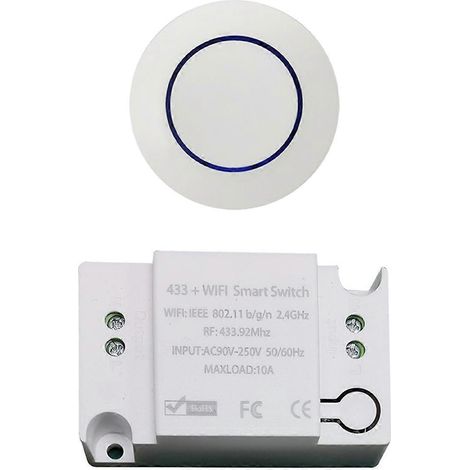 Interrupteur mural mini rond à bouton radiofréquence Tuya 433 MHz avec récepteur relais 10 A pour lampe LED et ventilateur. (1/5)
