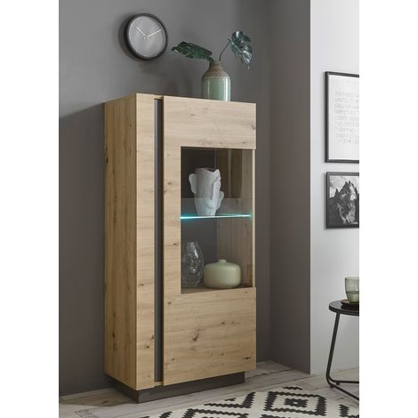 Beleuchteter Vitrinenschrank CARDIFF-61 in Eiche Artisan Nb. mit Absetzungen in Graphit grau, B/H/T: ca. 72/154/40 cm (1/5)