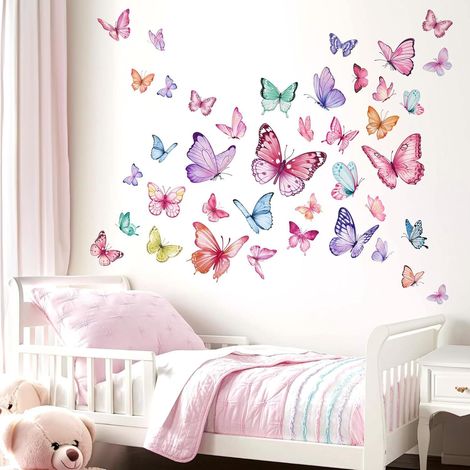Stickers Muraux Papillon Fille Autocollants Muraux Mural Stickers Aquarelle Papillon Colorés pour Chambre fille Bébé Pépinière Chambre Enfants (1/5)