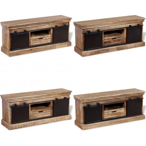 Vidaxl – Meuble TV industriel en bois de manguier massif – 2 portes coulissantes – Dimensions 110x30x45 cm – Design rétro unique (1/5)