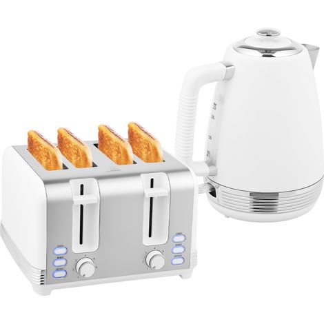 Wasserkocher- und Toaster-Set aus Edelstahl, 1,7 l, 2200 W, und 4-Scheiben-Toaster, weiß