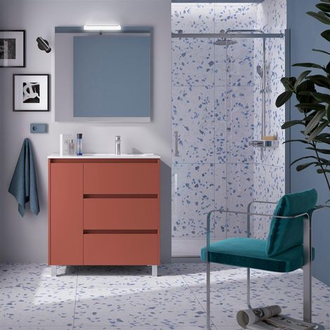 Ensemble complet Noja 850 3 tiroirs et 1 porte gauche Rouge Satin + meuble-lavabo + miroir + lampe (1/3)