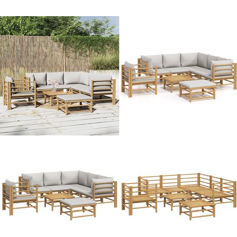 Salon de jardin 8 pcs avec coussins gris clair bambou - Salon De Jardin - Mobilier De Jardin - Ensemble De Salon - Ensemble De Meubles De Jardin - Bambu - Home & Living