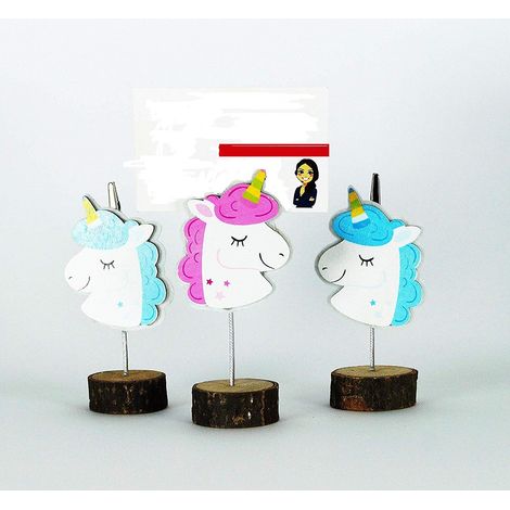 TrAdE Shop Traesio - Portafoto Unicorno Colorato 3 Pz. Base Legno Design Segnaposto Bomboniera Festa -