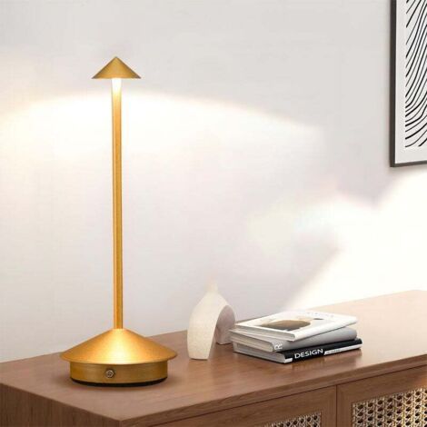 Lampe de table LED en aluminium, variateur d'intensité tricolore, interrupteur tactile, rechargeable, idéale pour la chambre et le café, dorée. (1/4)