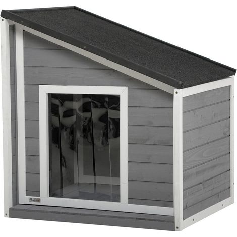 Hundehütte Wetterfestes Hundehaus Aus Tannenholz Mit Asphaltdach & Türvorhang, Grau, 71X58X53/77Cm