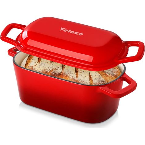 Enamelled Cast Iron Casserole 3.4 L – Red Bread Pan with Lid for Induction, Non-Stick Stock Pot with Cream Interior – Cast Iron Induction Casserole Dish, Baking, Braising, Stews (27 x 15 cm) (1/5)