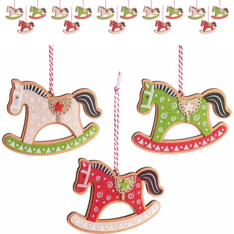 Cavallucci a dondolo in legno e panno colorato da appendere set 18 pezzi assortiti 3 colori 11x9 cm (1/3)