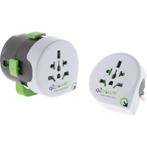 Adaptateur prise voyage universel avec port USB - compatible avec +195 pays USA/Asie/UK - Vert - Q2 Power (1/5)