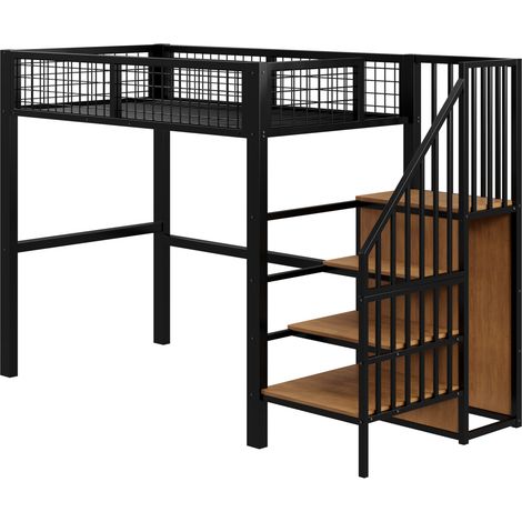 Kinder-Hochbett 90x200 aus schwarzem Metall mit Leiter und integriertem Schrank (1/5)