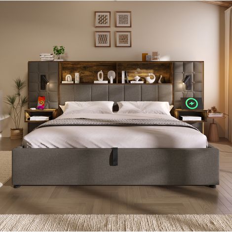 DESVIAE Lit rembourré 180 x 200 cm avec rangement gris LED liseuses USB Type C tables de chevet intégrées sommier à lattes tissu en lin (1/5)