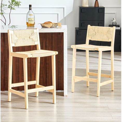 Juego de 2 taburetes de bar con respaldo, asiento de cuerda trenzada a mano, estructura de madera maciza, color madera (1/5)