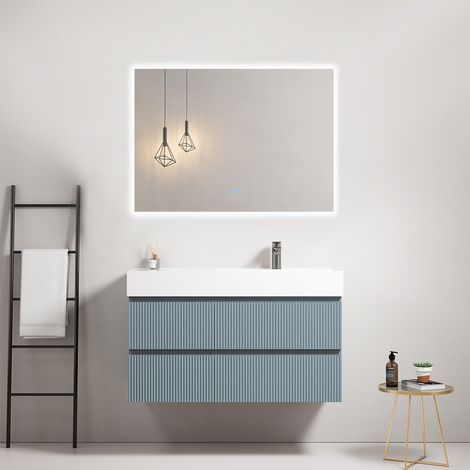 Mobile bagno sospeso cannettato 100 cm Blu Avio Lavabo a Destra in Resina Specchio Quadro Retroilluminato - Fiji Paint (1/4)
