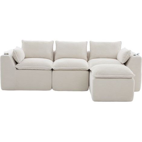 Divano modulare 3 posti con pouf in corduroy beige, cuscini, portabicchieri e tasche laterali (1/5)