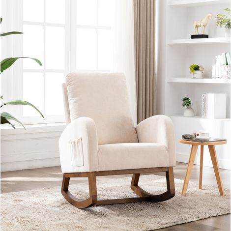 Sillón mecedora de lino beige con respaldo alto, reposabrazos largos y bolsillo lateral (1/5)