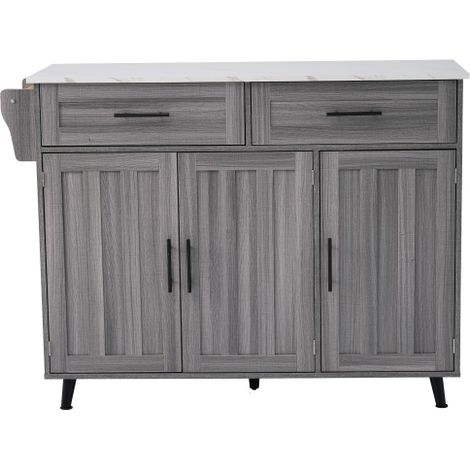 Desserte cuisine blanc gris, plateau rabattable, 2 tiroirs 129x71x91,5 cm