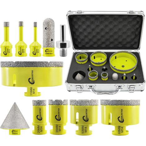 Foret Diamant Carrelage Kit 11pcs 6/6/8/25/35/50/68/110mm+20mm Fraise Diamant+50mm Mèches Chanfrein+Adaptateur Scie Cloche pour Carrelage Céramique Porcelaine Marbre Granit M14 Filetage (1/5)