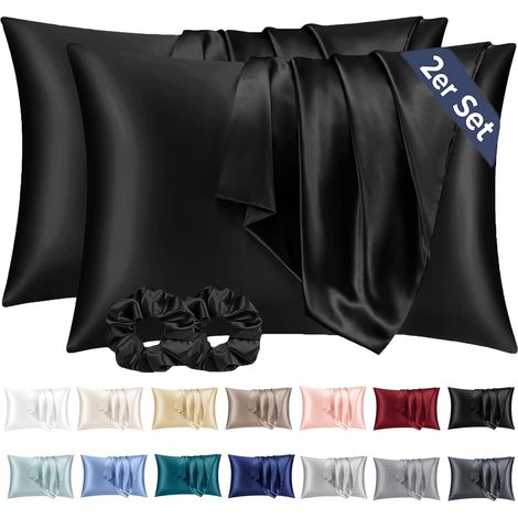 Taie Oreiller Satin 50x70 Lot de 2,pour Cheveux,Similaire Aux Taie d Oreiller en Soie,Taies d'oreillers 50x70 Noir (1/5)