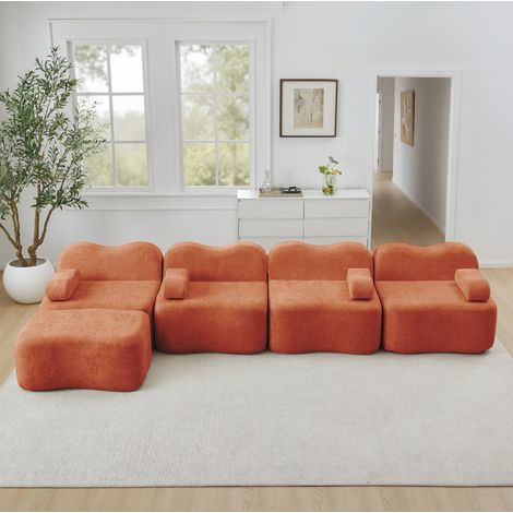 Sofá de esquina modular de terciopelo naranja, 4 plazas con otomana, diseño ondulado (1/5)