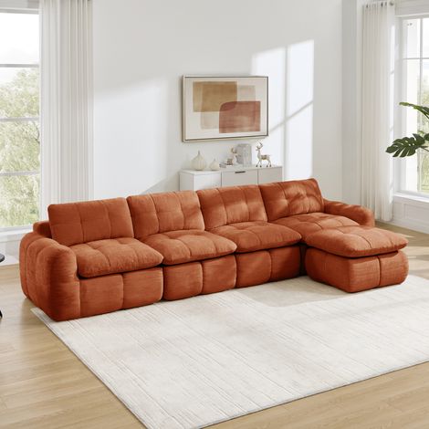 Canapé d'angle modulaire 4 places 334 x 160 x 68 cm, sans cadre, avec ottoman, chenille orange (1/5)