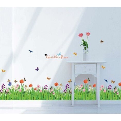 Stickers muraux Vert Herbe Fleurs avec Papillons Autocollant Décoratif pour Coin Mur Décor Enfants Chambre Plinthe Salon (1/4)