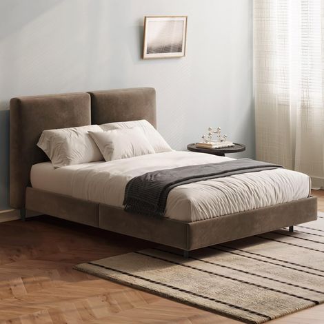 Lit Double 140x200 cm avec Sommier à Lattes Bois, Cadre de Lit en Velours Marron Foncé, Tête de Lit Rembourrée, Lit Design Moderne pour Chambre à Coucher (sans Matelas) (1/5)