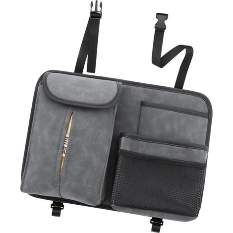 Organisateur suspendu pour siège auto en cuir PU gris, rangement latéral avec crochets, pochette à mouchoirs, sac de dossier de voiture pratique. (1/5)