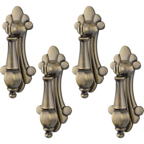 Set aus 4 einlochigen, geschnitzten Hängegriffen im Vintage-Stil aus bronzefarbener Zinklegierung für Schränke, Kommoden, Schubladen, Türen und dekorative Möbel. (1/4)