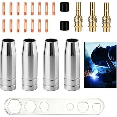 Kit of 25 MIG/MAG MB15 15AK, Torch Accessories Welding Consumables, 15 M6 0.8 mm Contact Tips, 4 Conical Gas Nozzles, 3 Nozzle Handles, 2 Insulators, 1 Adjustable Wrench (1/5)