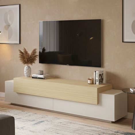 Mobile Porta tv Cassino, 3 Ripiani, 4 Vani Made in Italy, Apertura a Ribalta, 200x45x51.5h cm Beige (1/5)