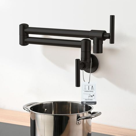 Robinets muraux en laiton pour cuisines, éviers et bars bras articulés à double jointure conception anti-fuite aérateur à haut débit télescopiques et pliables finition noire mate. (1/4)