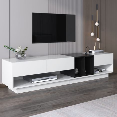 Mueble para TV de 190 x 40 x 42 cm de alto brillo, 3 cajones y 2 nichos, diseño contemporáneo y elegante - Color blanco y negro (1/5)