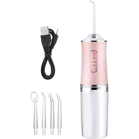 Irrigador bucal inalámbrico de 220 ml para la limpieza dental, 3 modos de presión, 4 boquillas, clasificación de impermeabilidad IPX7.