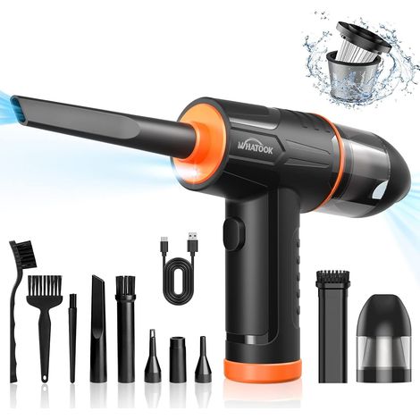 Soufflette Air Comprimé et Aspirateur 2 en 1, 100000 RPM 10KPA, batterie 7600mAh, USB-C, LED, 8 buses et 3 brosses pour PC, clavier, voiture, canapé et maison (1/5)