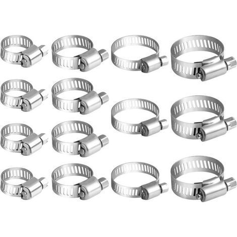UlisemSet of 14 Assorted Small Stainless Steel Hose Clamps - Adjustable Range 10-32mm for Flexible Pipes, Tubes and Screw Drives (1/4)