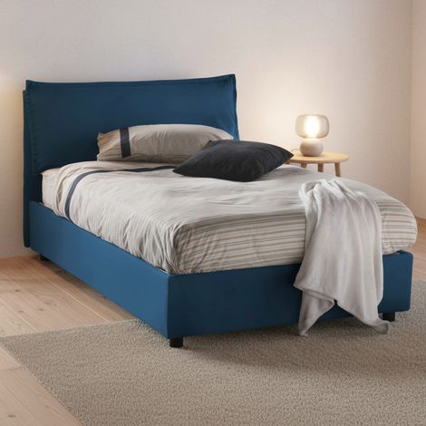 Dmora - Cama de plaza y media Dbegi, Cama contenedor con revestimiento de tela, 100% Made in Italy, Apertura frontal, adecuado para colchón 120x200 cm, Azul (1/5)