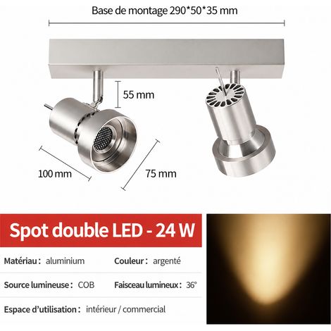 Spot LED Double Tête en Saillie 12W2 6000K Acier Inoxydable 2 6000k 26 × 13 × 19 cm 830 g – Livraison gratuite