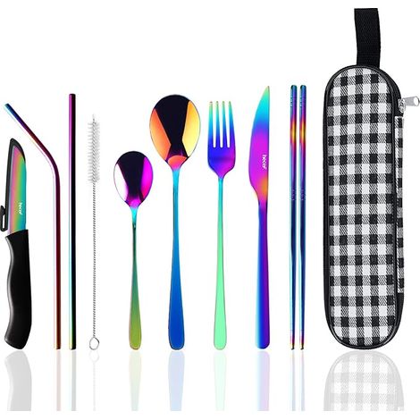 Ensemble de couverts en Acier Inoxydable, pièces de Couverts Camping avec Boite a Couvert Pique-Nique, Ustensiles de Cuisine pour Voyage, Camping, École, Bureau Rainbow (1/5)