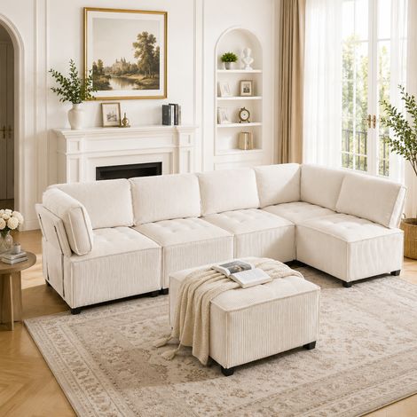 (old sku:W2845S00122)Modulares 6-Sitzer-Sofa, Cordstoff, ergonomisch, Stauraumtaschen (1/5)
