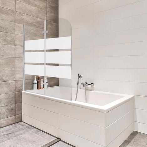 Paroi de douche pour baignoire, 100 x 140 cm, en 2 parties, pliable, verre de sécurité ESG de 6 mm, bandes blanches, paroi de baignoire en verre avec accessoire de baignoire (1/5)