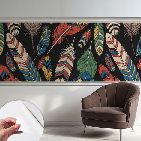 Papier peint adhésif avec colle pour décoration moderne de salon chambre à coucher cuisine et bureau Facile Plumes colorées 250x104 cm (1/5)