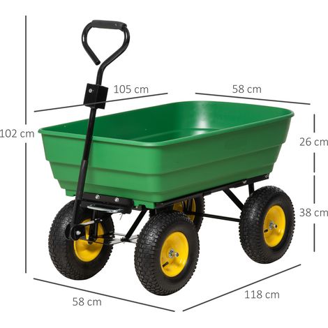 Chariot de jardin 125 L en acier et PP (avec plateau inclinable et poignée), 118 x 58 x 102 cm, vert (1/5)