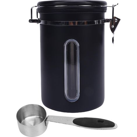 Boîte Café et Cuillère 1.8L Capacité 304 Inox Étanche – Bocal Rangement Thé avec Fenêtre Valve Échappement, Noir (1/5)
