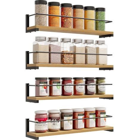 Étagère à Épices en Bois de Pin, Lot de 4, Porte-épices Murale, Étagère de Rangement de Cuisine pour Épices, Canettes, Pots, Ustensiles de Cuisine – 40 x 9 cm (1/5)