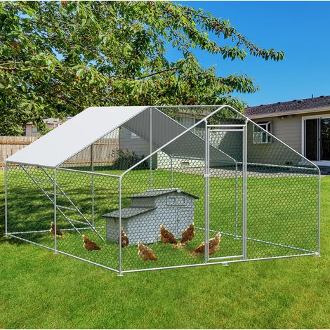 Corral para gallinas 300 x 400 x 200 cm en metal plateado, con funda pe impermeable, cerradura de seguridad y malla hexagonal (1/5)