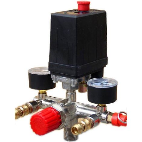 Druckschalter für Luftkompressor, Verteiler, Druckregler, Manometer, Halterung aus Aluminiumlegierung, 90–120 PSI, 230–220 V (1/4)