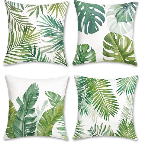 Housse de Coussin Feuilles Tropicales 45 x 45 cm Feuille de Palmier Vert Velours Doux Décoratif Taie d'oreiller pour Canapé Maison Jardin Été Décoration 4 Pièces (1/5)