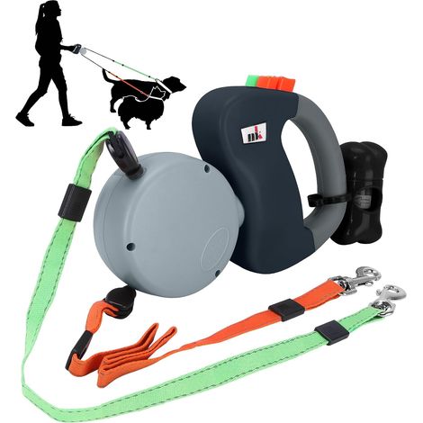 Laisse de Chien Rétractable Automatique Double pour 2 Chiens Extensible à 3 m 22.7kg par Laisse 15 pcs Sac pour Chien Noir Unie 300 cm (1/5)